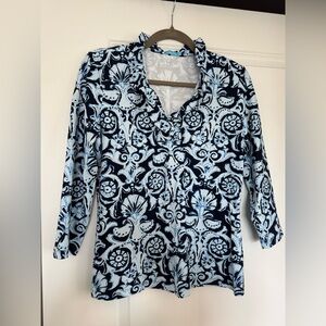 J. McLaughlin Navy and White Floral Blouse